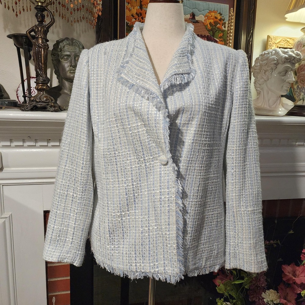 Carlucci Vintage Light Blue Tweed Blazer Jacket Women XL Pastel Fringe Trim